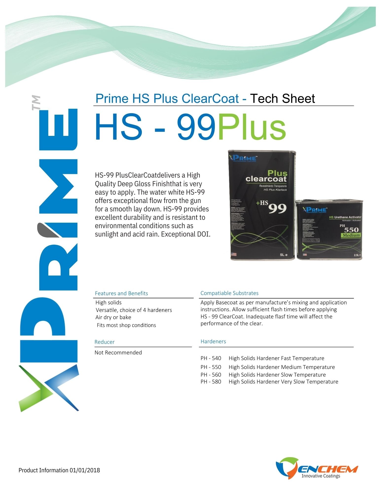 Technical sheet for Prime HS 99 Plus ClearCoat with product packaging and Enchem logo.